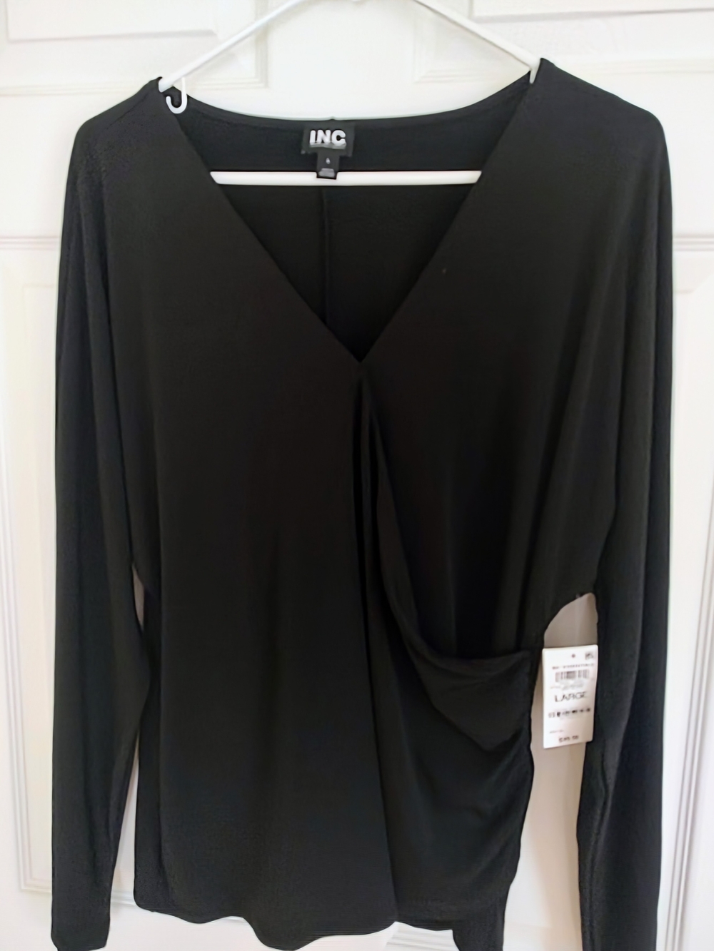 INC International Concepts Black Draped V-Neck Long Sleeve Top with Side Twist